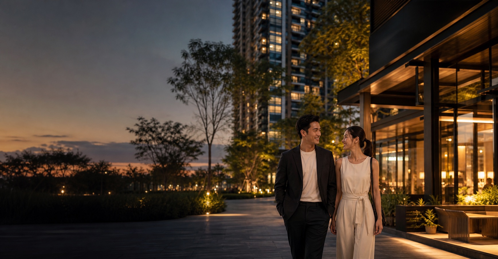 Evening lifestyle in a mature mixed-use residential setting